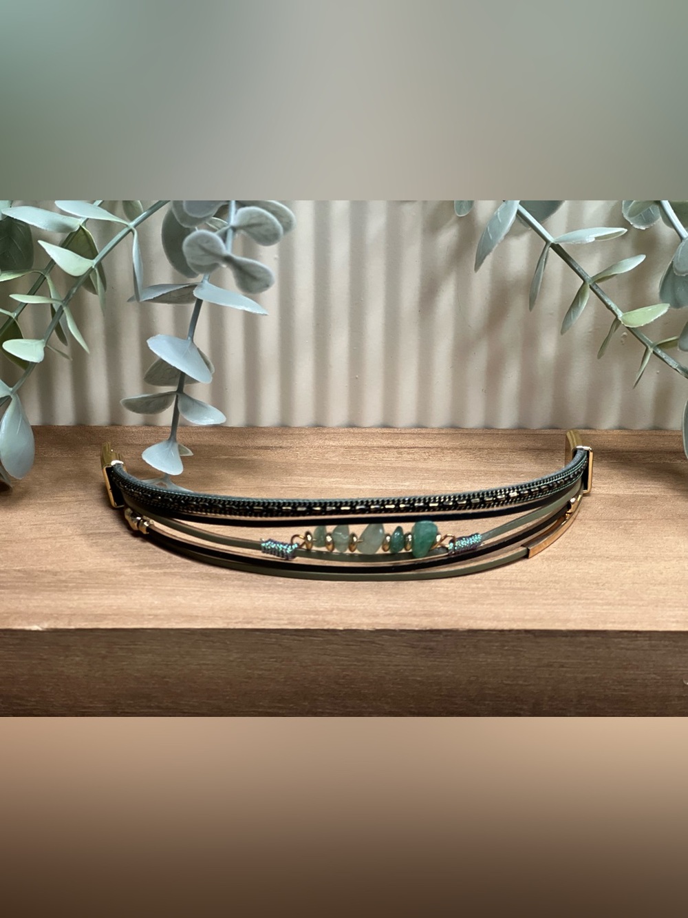 Multi-Strand Green Stone & Leather Wrap Bracelet